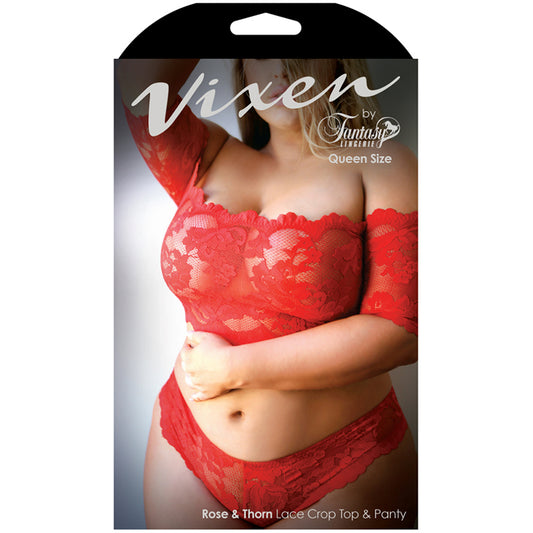 Fantasy Lingerie Vixen Rose & Thorn Lace Crop Top & Panty Red Queen Size