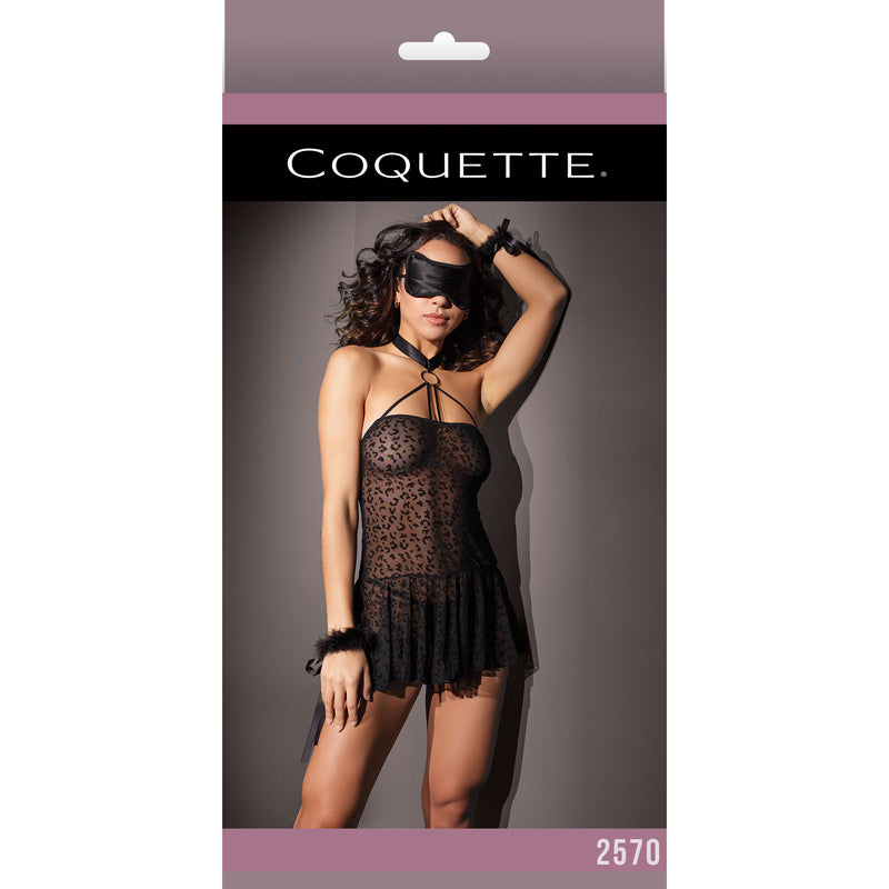 Kitty Leopard Mesh Halter Babydoll W/ Cuffs & Eye Mask OS Packaging Box