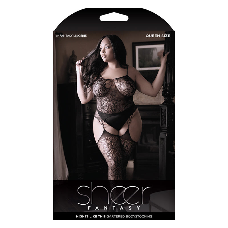 Fantasy Lingerie Sheer Nights Like This Gartered Bodystocking With Cutout Front Queen Size Black