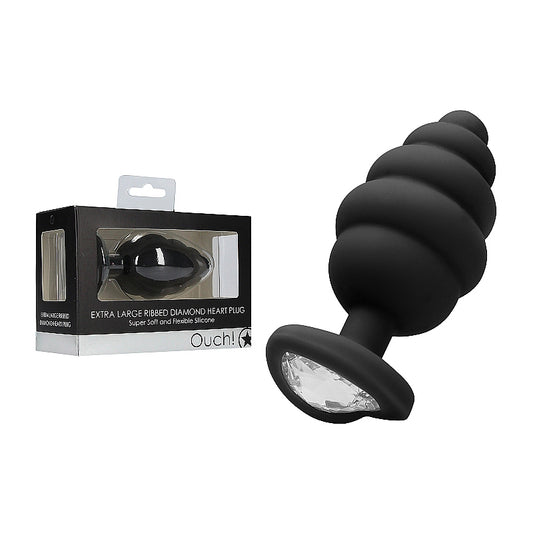 Ouch! Extra Large Silicone Ribbed Diamond Heart Anal Plug Black