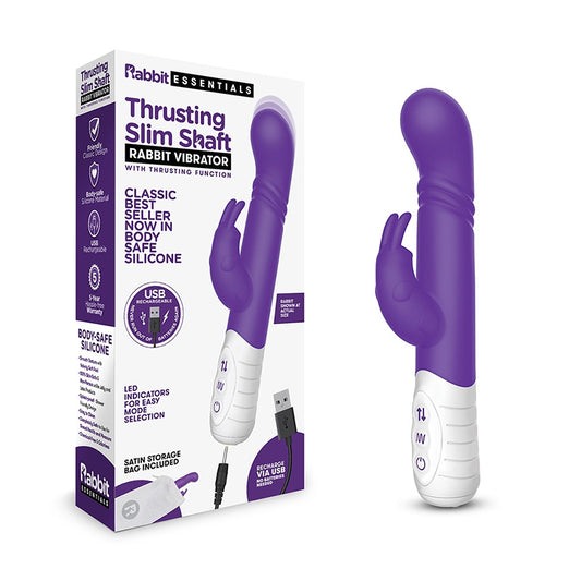Rabbit Essentials Thrusting Slim Shaft Rabbit Vibrator Rechargeable Silicone Purple