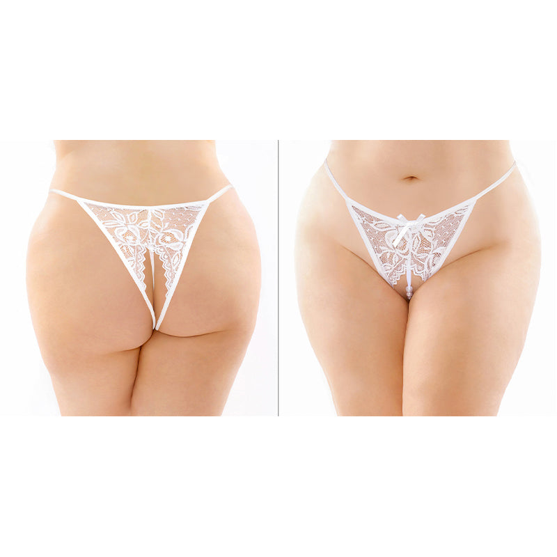 Fantasy Lingerie Calla Crotchless Lace Pearl Panty White Queen Size