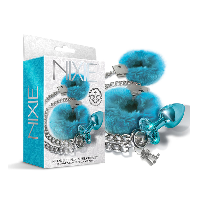 Nixie Metal Butt Plug & Furry Handcuff Set Medium Blue Metallic