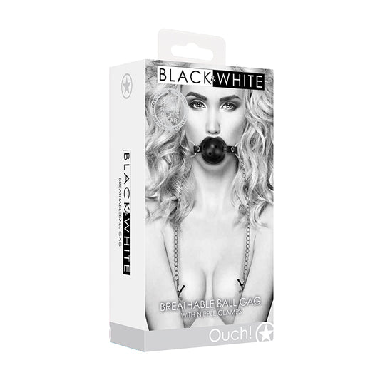 Ouch! Black & White Breathable Ball Gag With Nipple Clamps Black