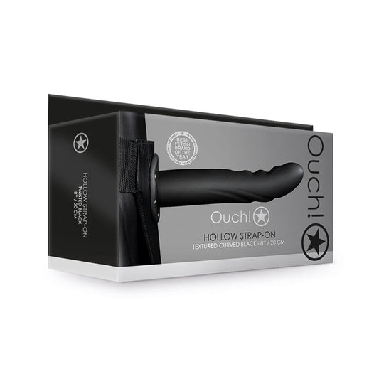 Ouch! Textured Curved 8 in. Hollow Strap-On Black