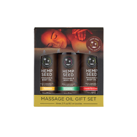 Earthly Body Hemp Seed Valentine Massage Oil Trio Gift Set includes 1 of each: 2oz Massage Oil Cuddle, Spoon, and Cheek-to-Cheek
