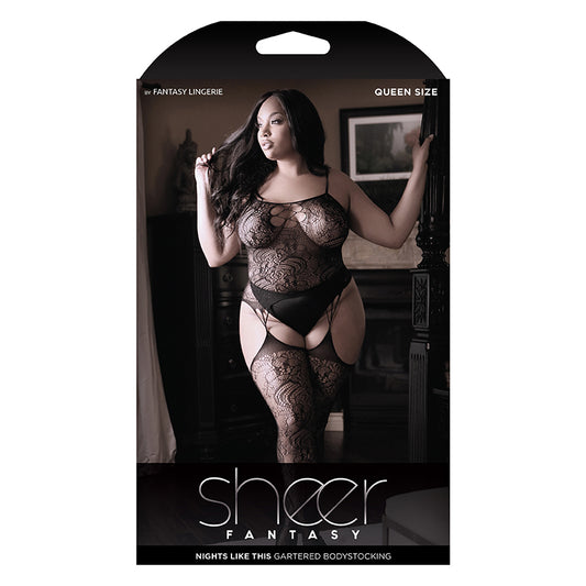 Fantasy Lingerie Sheer Nights Like This Gartered Bodystocking With Cutout Front Queen Size Black