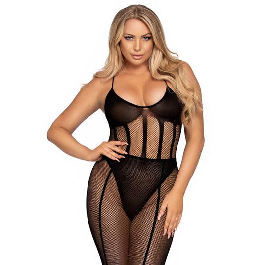 2 PC Net and opaque bodysuit and matching skirt OS Black