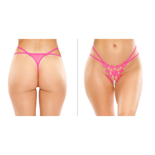 Fantasy Lingerie Aster Crotchless Strappy Flower Pearl Thong Pink L/XL