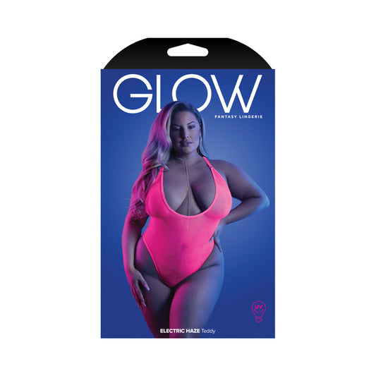 Fantasy Lingerie Glow Electric Haze Criss Cross Back Teddy with Snap Closure Neon Pink Queen Size