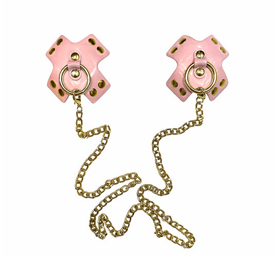 Neva Nude Pierced 'N Punked Pink Leather Gold Chain Reusable Silicone NippleĀ CoverĀ Pasties